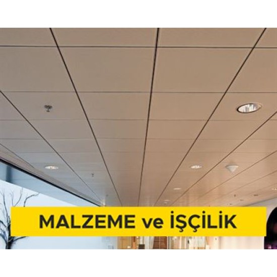 30x30cm ebadında 0,50mm kalınlığında minimum 20 mikron elektrostatik toz boyalı (polyester esaslı) deliksiz alüminyum plakadan (EN AW 3000 serisi) oturmalı sistem asma tavan yapılması (Malzeme Dahil)